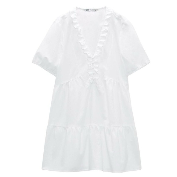 Zara White Babydoll Ruffle Mini Dress Cotton V-Neck - Small - Picture 9 of 12
